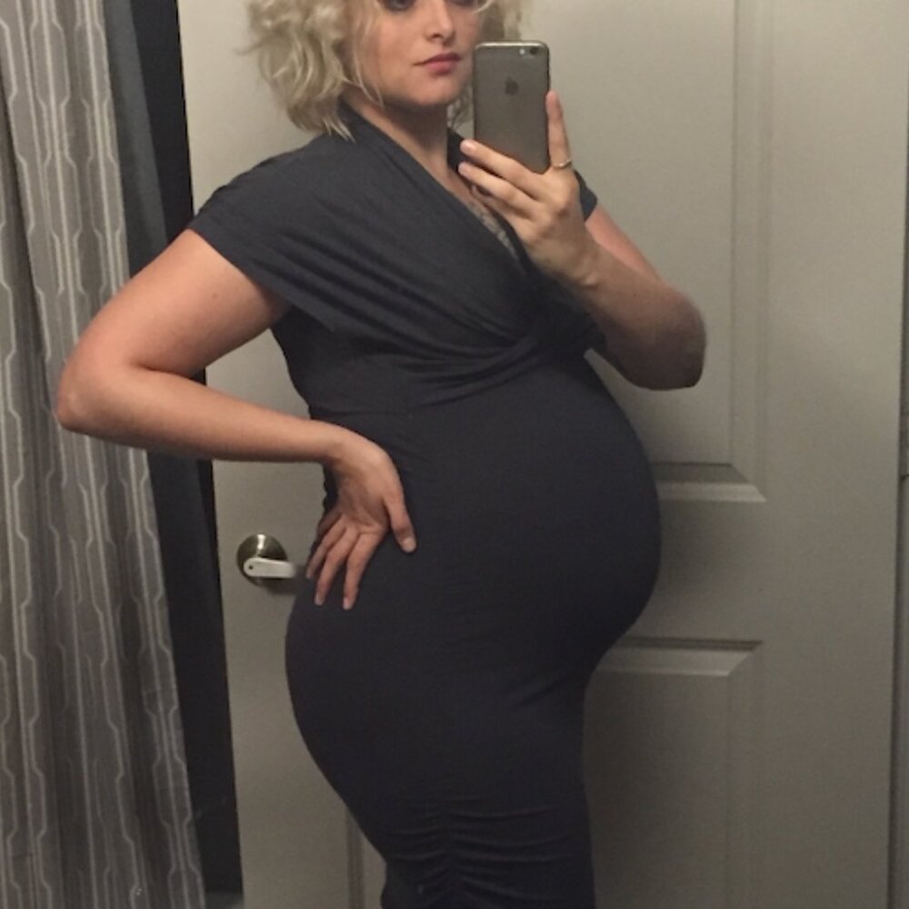Stretchy, flattering gray maternity dress